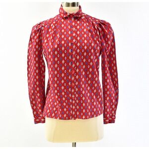 70s Vintage Red Levis Puff Sleeve Top Womens S Diamond Print Western Button Up